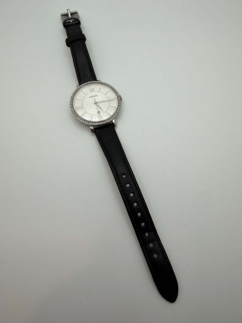 Fossil Women's Silver Dial Crystal Bezel Black Leather Watch